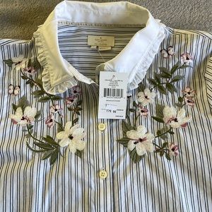 Kate Spade Embroidered Striped Ruffle Top, M, NWT